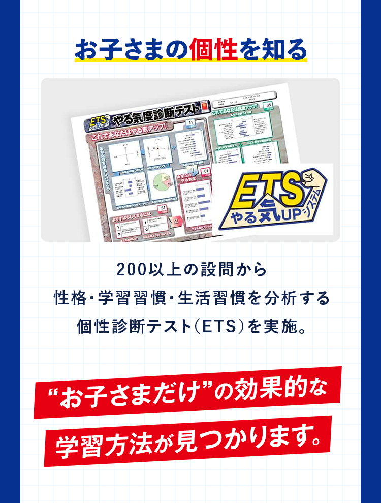 お子さまの個性を知る 200以上の設問から性格・学習習慣・生活習慣を分析する個性診断テスト（ETS）を実施。 お子さまだけの効果的な学習方法が見つかります。
