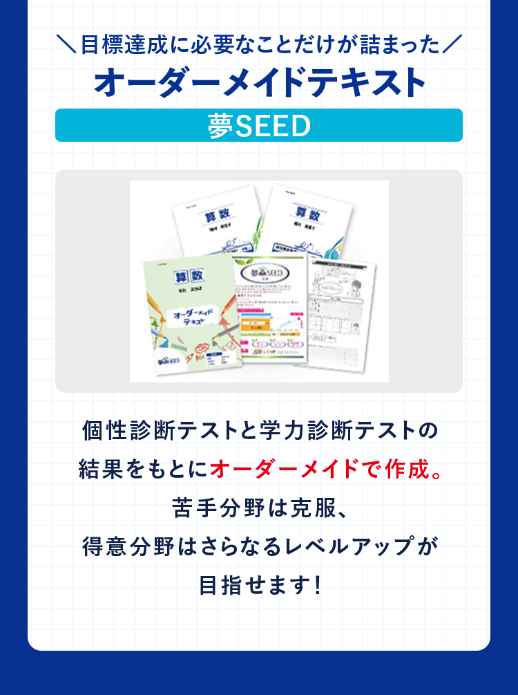 目標達成に必要なことだけが詰まったオーダーメイドテキスト 夢SEED 個性診断テストと学力診断テストの結果をもとにオーダーメイドで作成。苦手分野は克服、得意分野はさらなるレベルアップが目指せます！