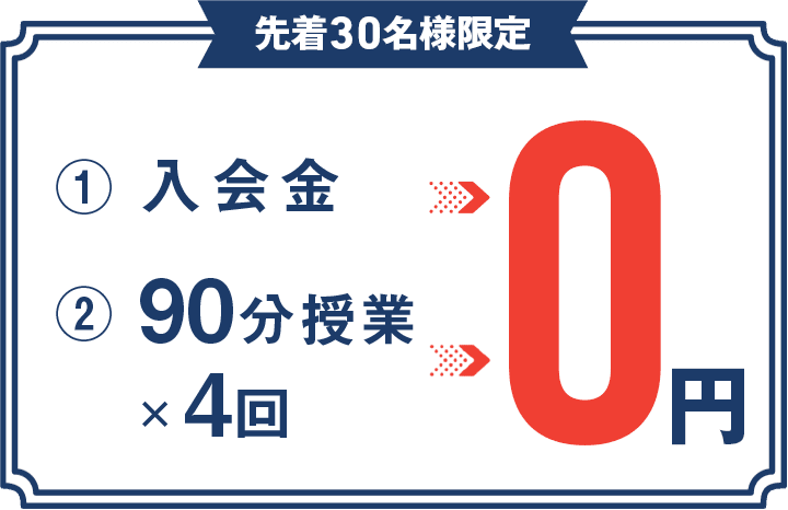 先着30名様限定 ①入会金 ②1対2 個別指導で90分授業×4回 ③個性診断テスト 0円