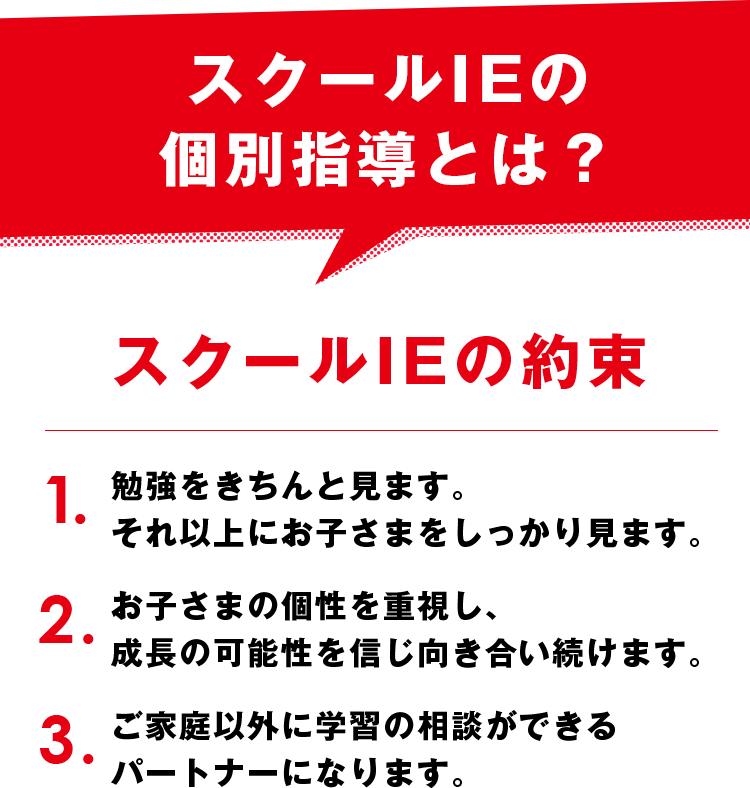 スクールIEの個別指導とは？ スクールIEの約束 1.勉強をきちんと見ます。それ以上にお子さまをしっかり見ます。2.お子さまの個性を重視し、成長の可能性を信じ向き合い続けます。3.ご家庭以外に学習の相談ができるパートナーになります。