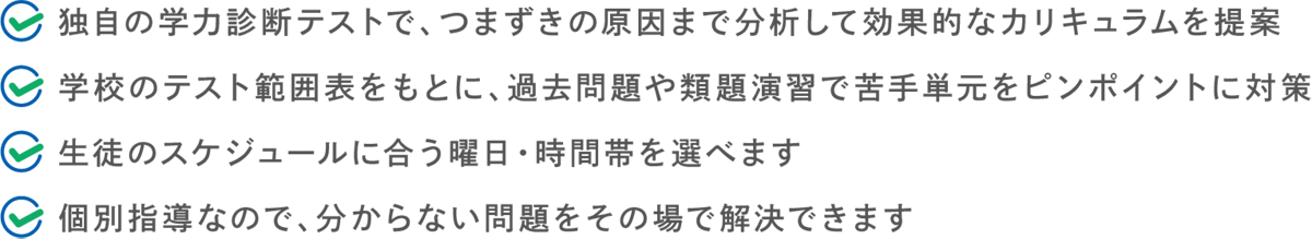 ●独自の学力診断テストで、つまずきの原因まで分析して効果的なカリキュラムを提案●学校のテスト範囲表をもとに、 過去問題や類題演習で苦手単元をピンポイントに対策●生徒のスケジュールに合う曜日・時間帯を選べます●個別指導なので、分からない問題をその場で解決できます
