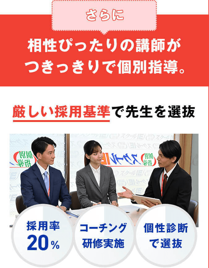 さらに相性ぴったりの講師がつきっきりで個別指導。厳しい採用基準で先生を選抜