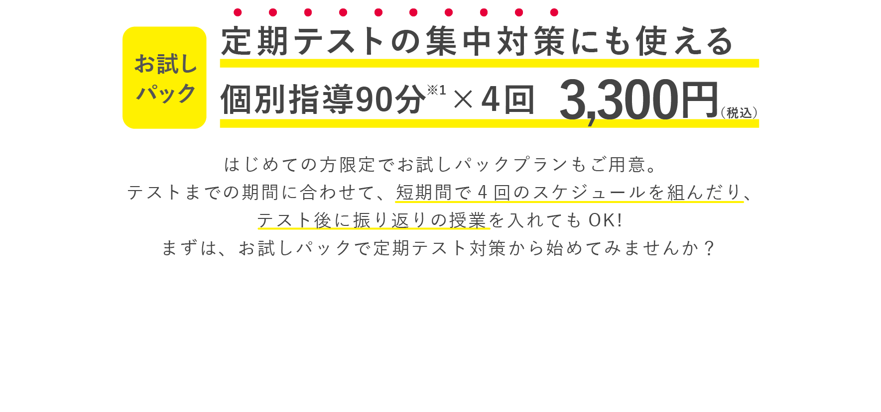 定期テストの集中対策にも使える個別指導90分×４回 3300円