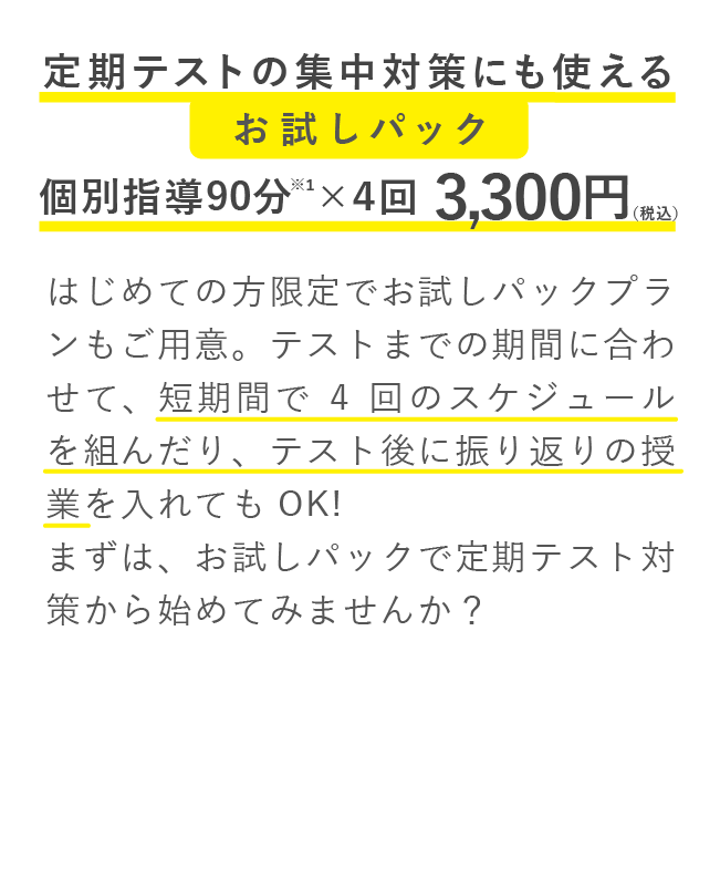 定期テストの集中対策にも使える個別指導90分×４回 3300円