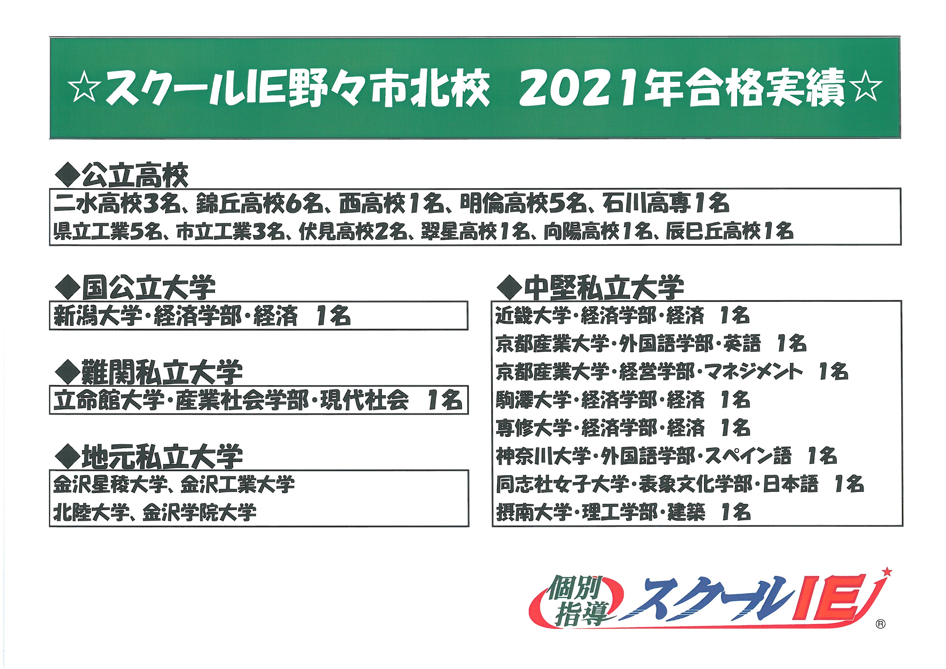 野々市北校 スクールie 個別指導 学習塾 石川県野々市市