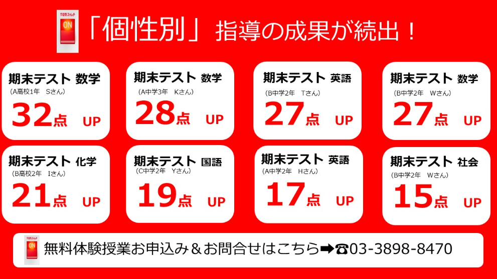 📈 成績アップの実績続々！
スクールIEの「個性別指導」で、生徒たちが驚きの成果を達成！